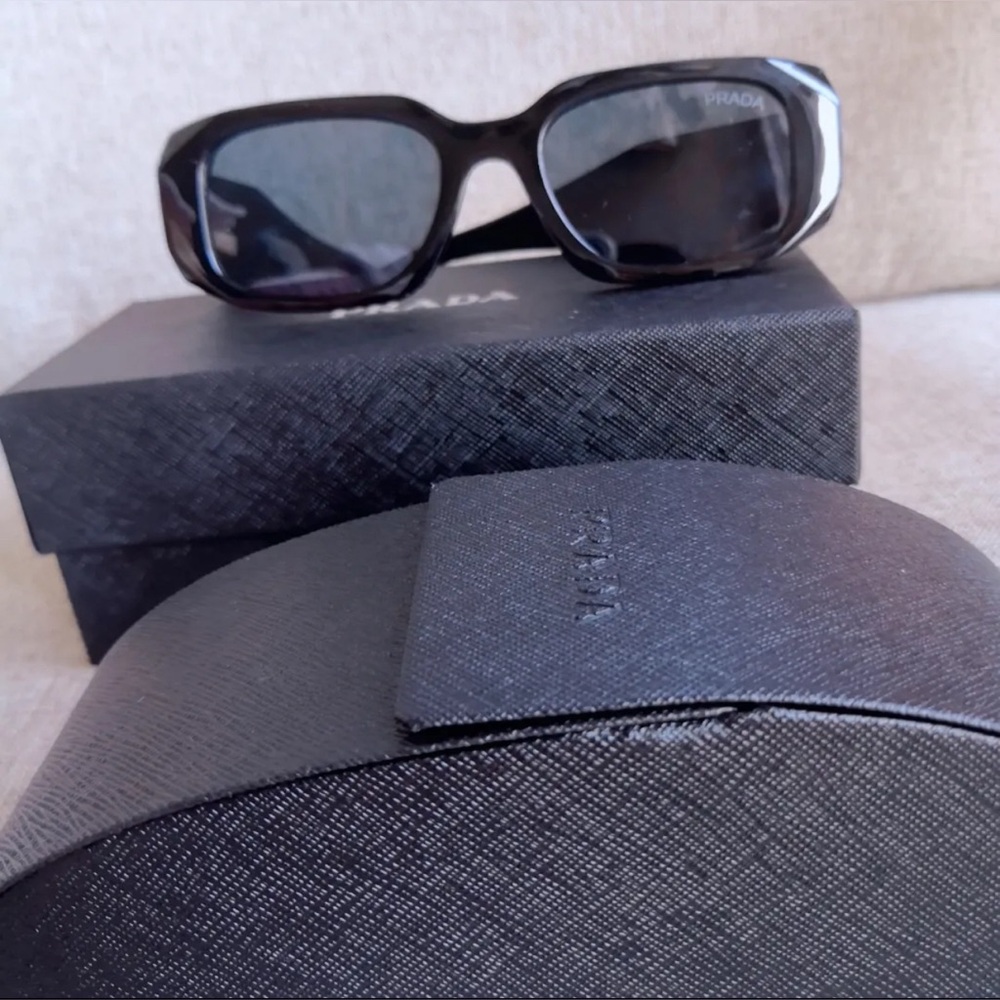 Prada PR 17WS 1AB5S0 Black Plastic Rectangle Sunglasses Grey Lens
